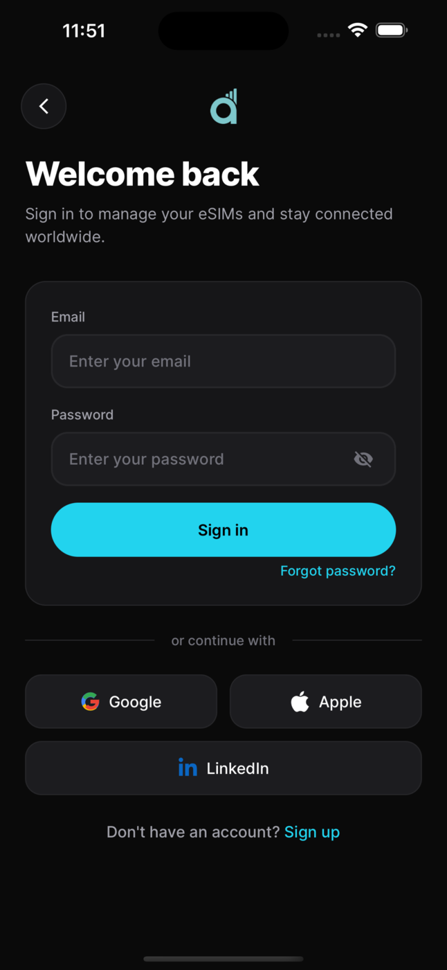 AloAlo sign-in screen with Google, Apple and LinkedIn